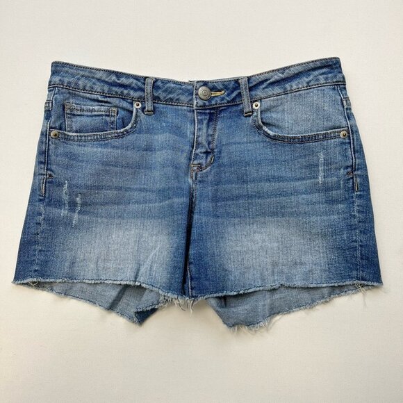 Aeropostale Womens Jean Shorts Blue Stretch Frayed Whiskered Cut Off Low Midi 4 - Picture 1 of 10